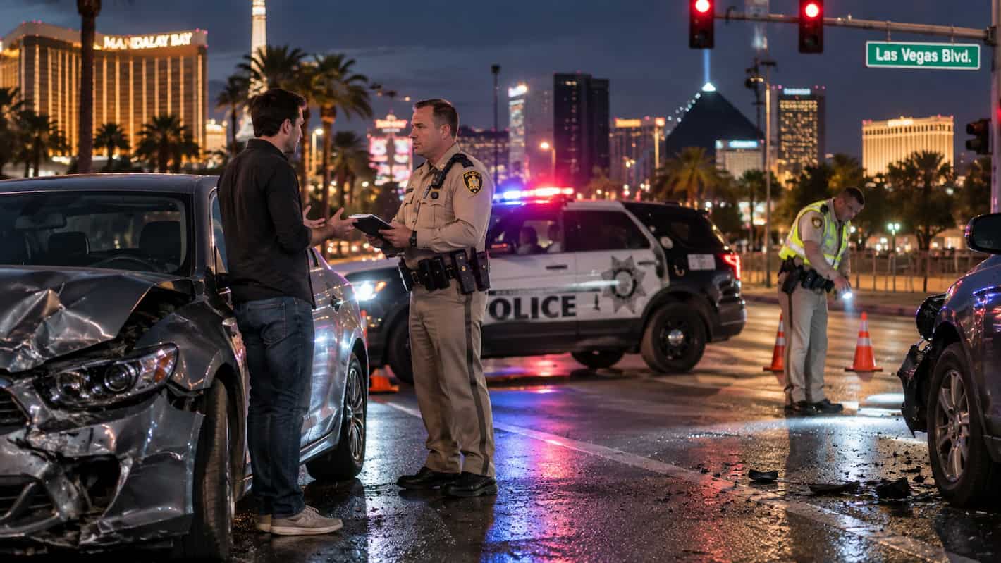 Las Vegas drunk driving accident scene with police investigating a crash, highlighting the need for a lawyer after a serious collision.